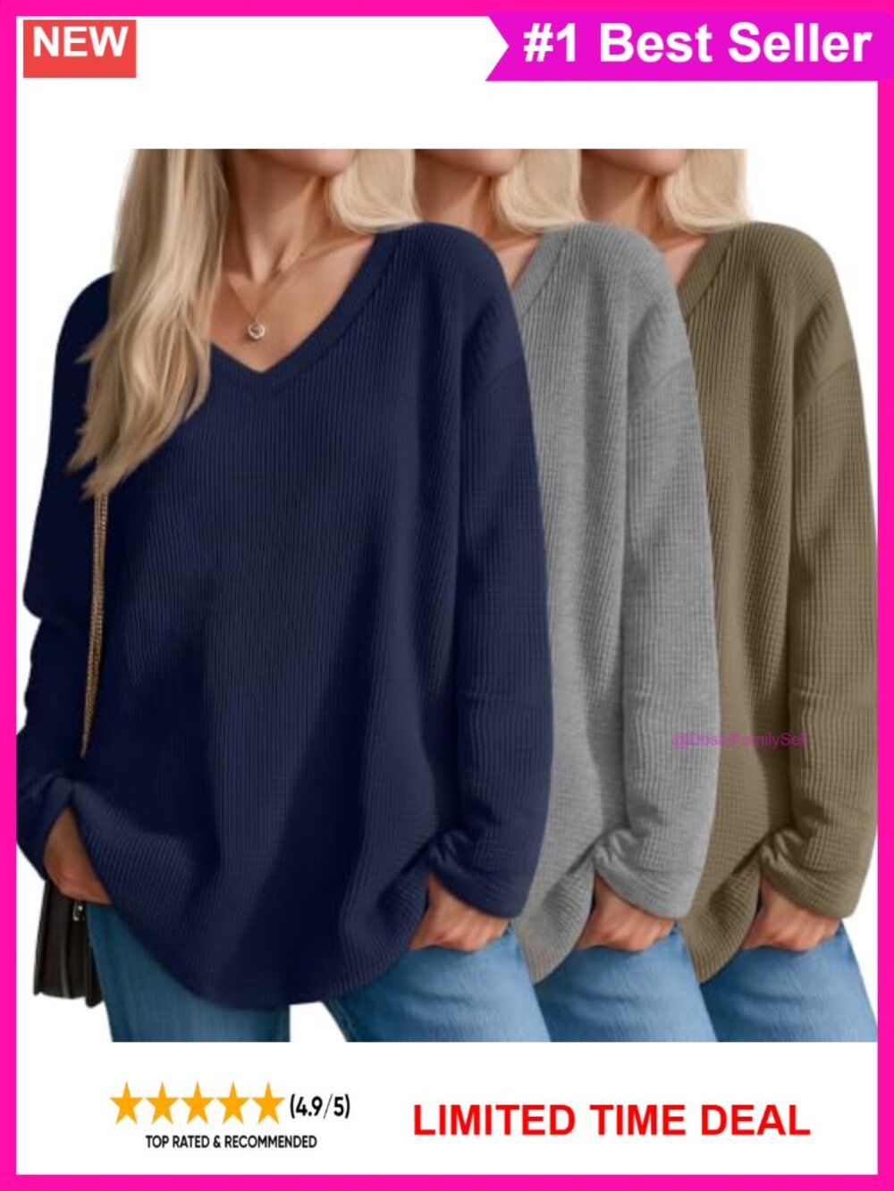 Waffle Knit V Neck Oversized Sweatshirt 3 Pack Long Sleeve Tops